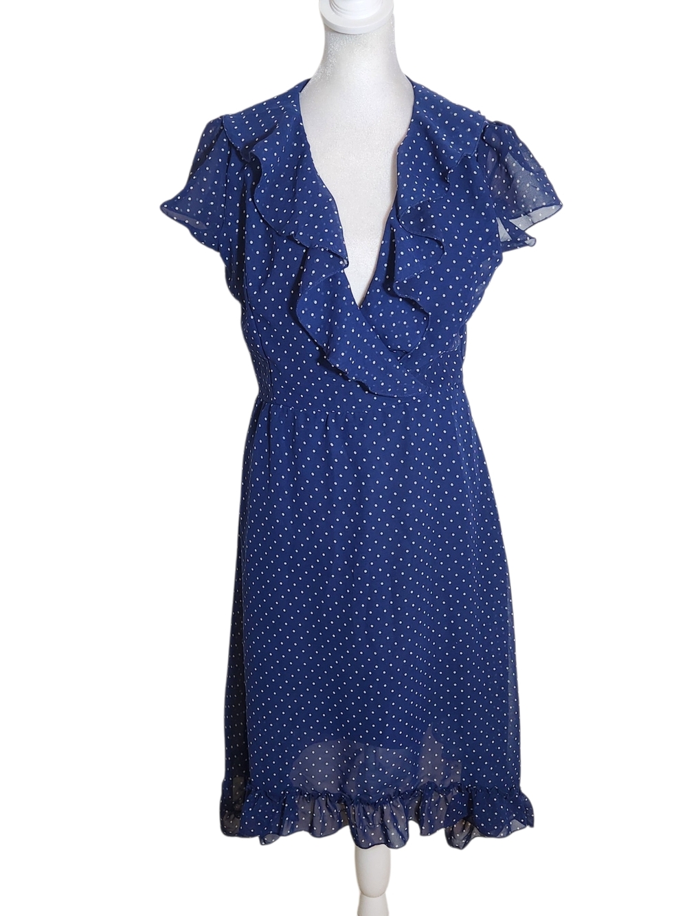 Jaquline Navy Polka Dot Wrap Look Dress Size Small NWT Wedding Guest Dress